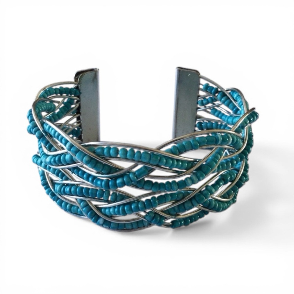 Braided Seed Bead Cuff Bracelet- Teal & Silver - Picture 8 of 12